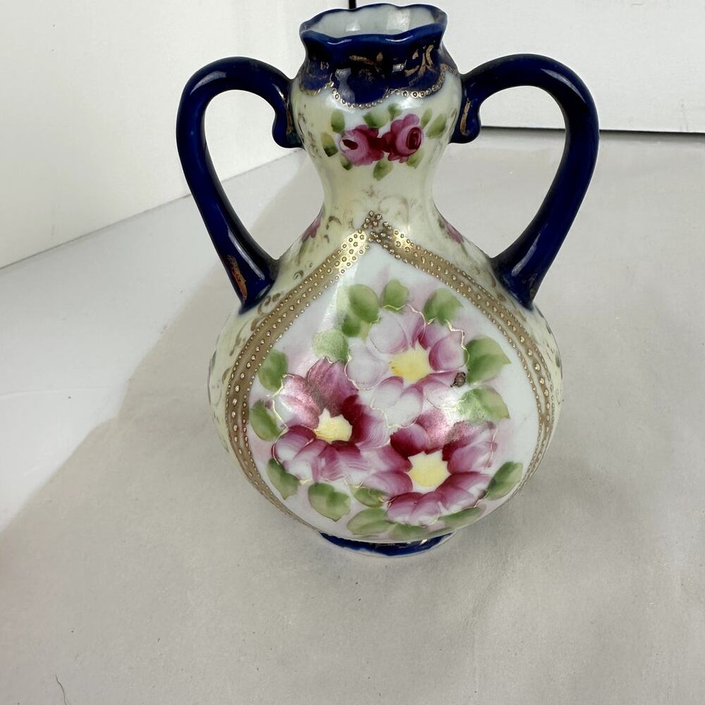 Bud Vase Cobalt Handles Gold Accents Trim Roses Post 1950s